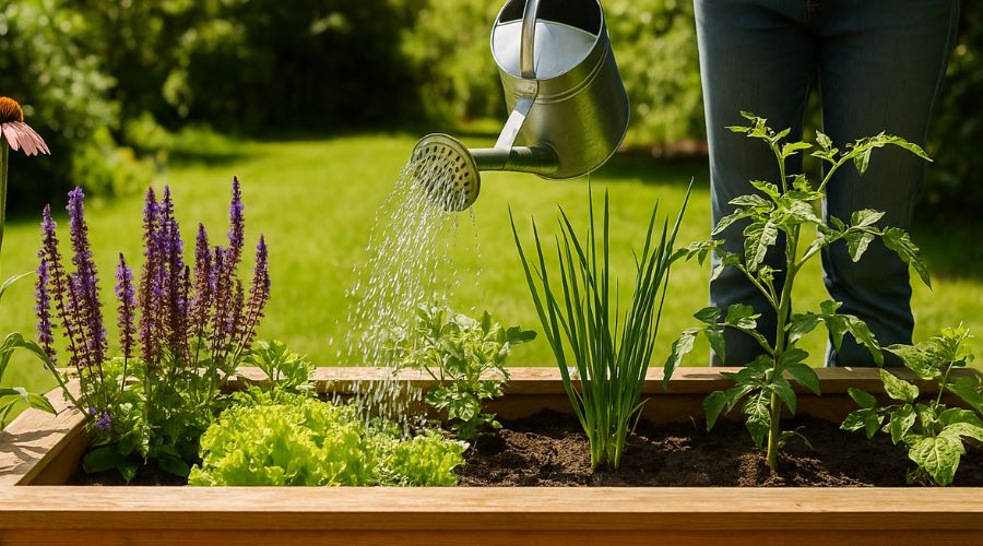 Hochbeet mit frischen Kräutern, Salat, Tomaten und Blumen wird im Sommergarten mit Gießkanne bewässert – nachhaltige Gartenpflege im Juni.
