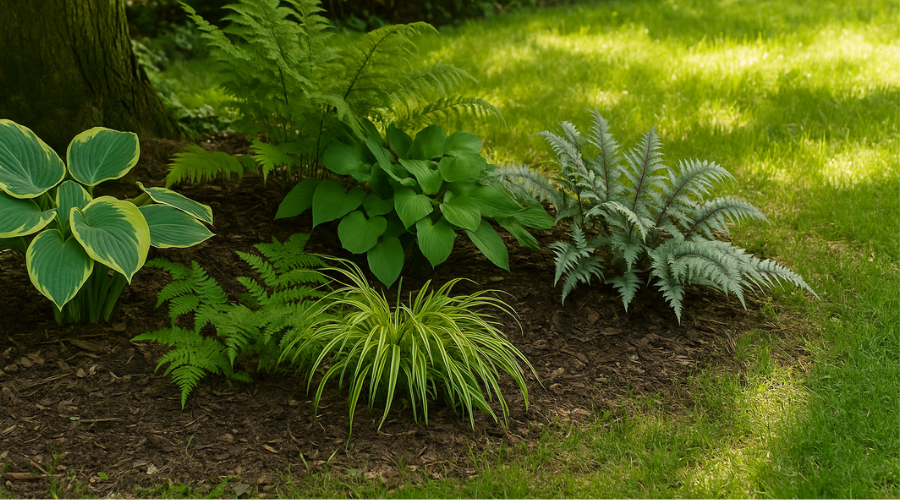 Schattiger Gartenbereich mit Farnen, Funkien und Ziergräsern im gepflegten Beet unter einem Baum, ideal bepflanzt für halbschattige Standorte.