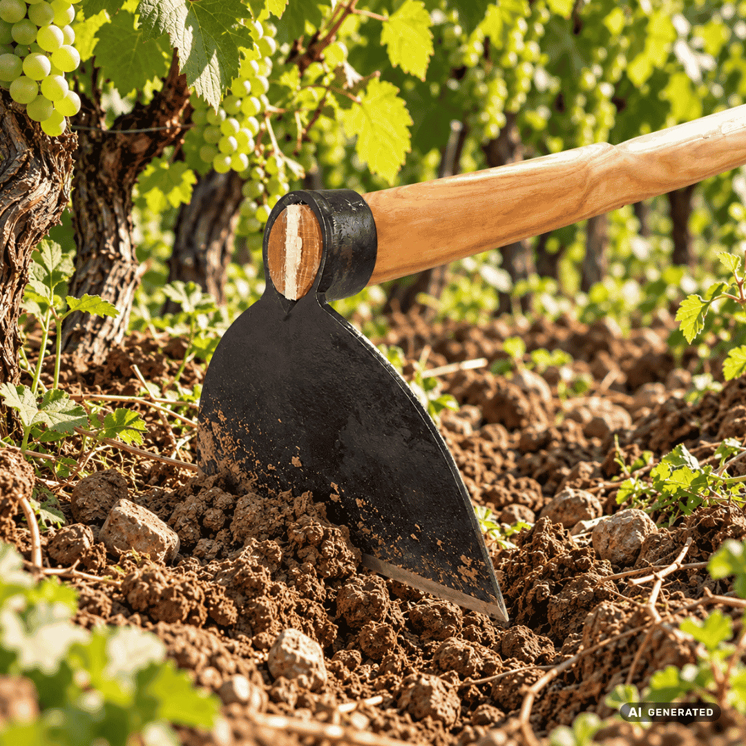 SHW Weinberghacke mit Eschenstiel 135 cm im Weinberg – Moodbild zur Bodenbearbeitung, Unkrautentfernung und Pflege zwischen den Weinreben. hero