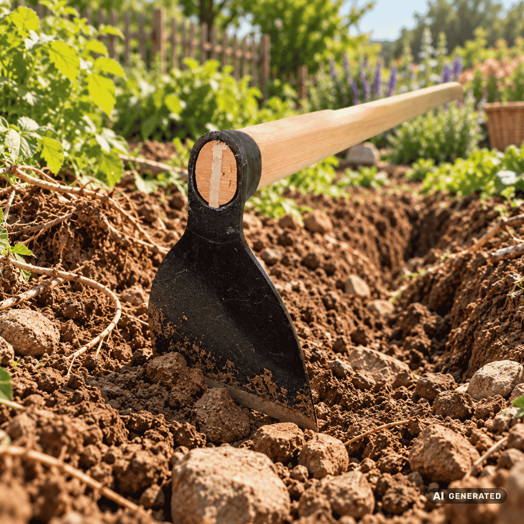 SHW Felghacke mit Eschenstiel im Garten – Moodbild zum Aufbrechen verdichteter Böden, Lösen von Wurzelwerk und Vorbereiten von Gräben.Hero