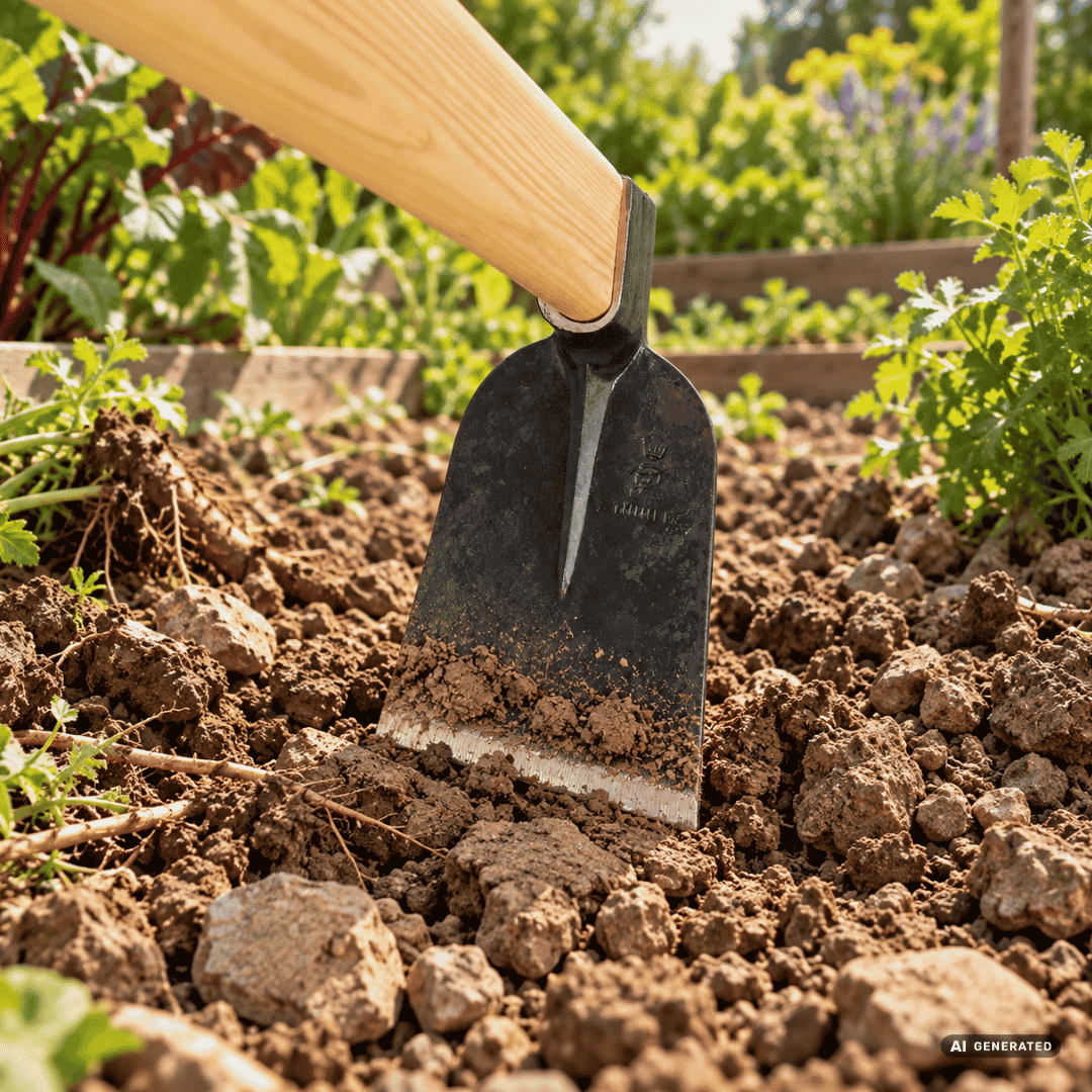 SHW Kulturhacke mit Eschenstiel 135 cm im Gartenbeet – Moodbild zum Lockern schwerer, lehmiger und steiniger Böden sowie zum Entfernen von Wurzelwerk. Hero