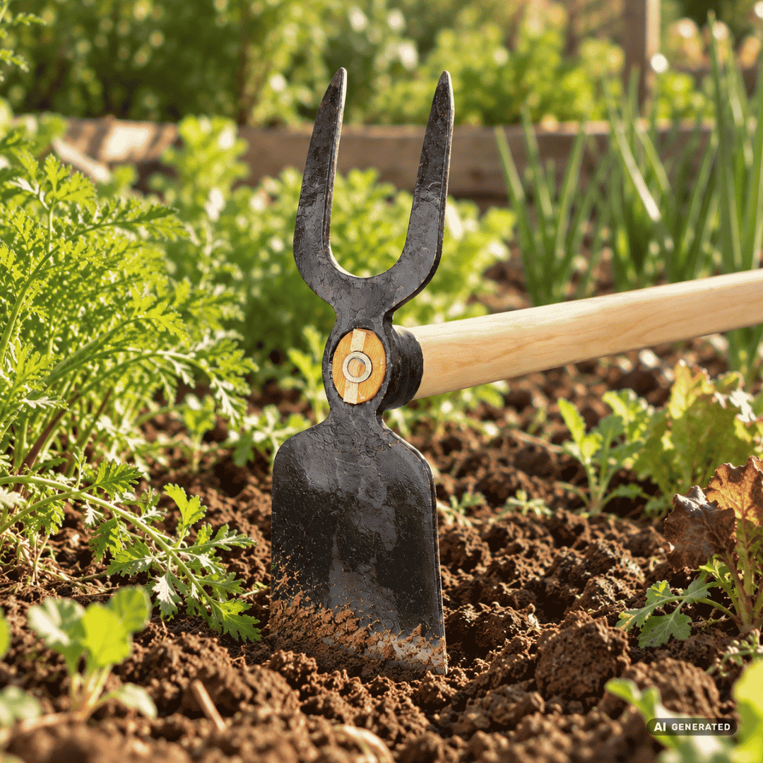 SHW Gartenhacke Gr. 1 mit 2 Zinken, breitem Blatt und Eschenstiel 135 cm im Gemüsebeet – Moodbild zum Jäten von Unkraut, Lockern des Bodens und Pflegen von Gemüsereihen. Hero