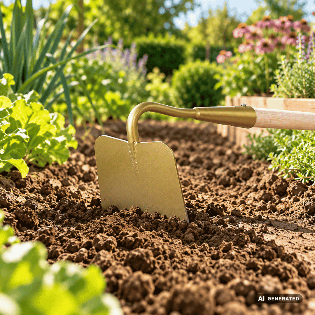 SHW Blatthacke mit Eschenstiel 140 cm im Gartenbeet – Moodbild zum Lockern verdichteter Böden, Vorbereiten von Beeten und Entfernen von Unkraut. hero