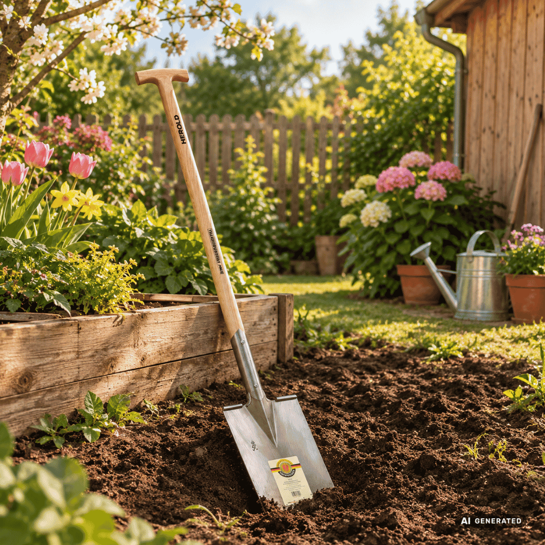 SHW Herold-Gärtnerspaten 1/1 poliert mit Spatentritt und Eschenstiel im Gartenbeet – Moodbild zum Umgraben von Beeten, Ausheben von Pflanzlöchern und Abstechen von Rasenkanten. Hero