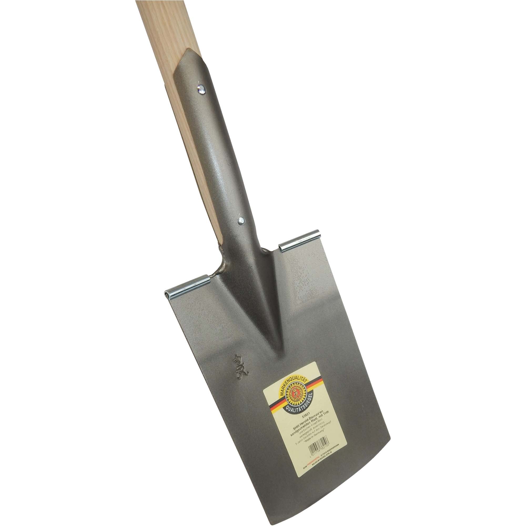 SHW Herold-Bauspaten gesandstrahlt, mit Spatentritt und Eschenstiel Knopf-Griff