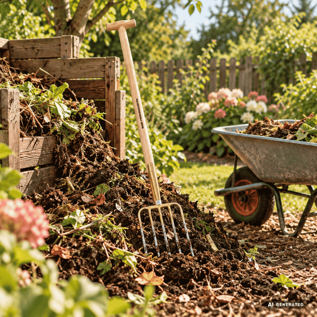 SHW Kompostgabel mit Eschen-T-Stiel am Komposthaufen im Garten – Moodbild zum Umsetzen von Kompost, Aufladen von organischem Material in die Schubkarre sowie zum Zusammenziehen von Laub und Schnittgut. Hero