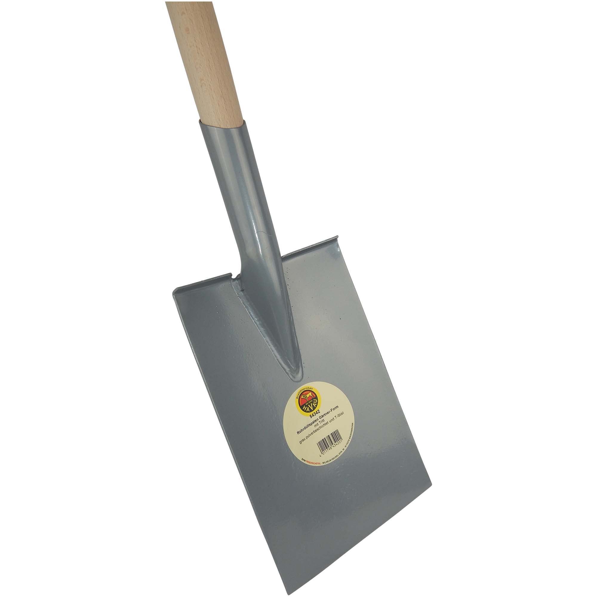 SHW Havau-Rohrdüllspaten Gärtnerform silber gepulvert mit umgebogenem Tritt und Buchenstiel 1700 g