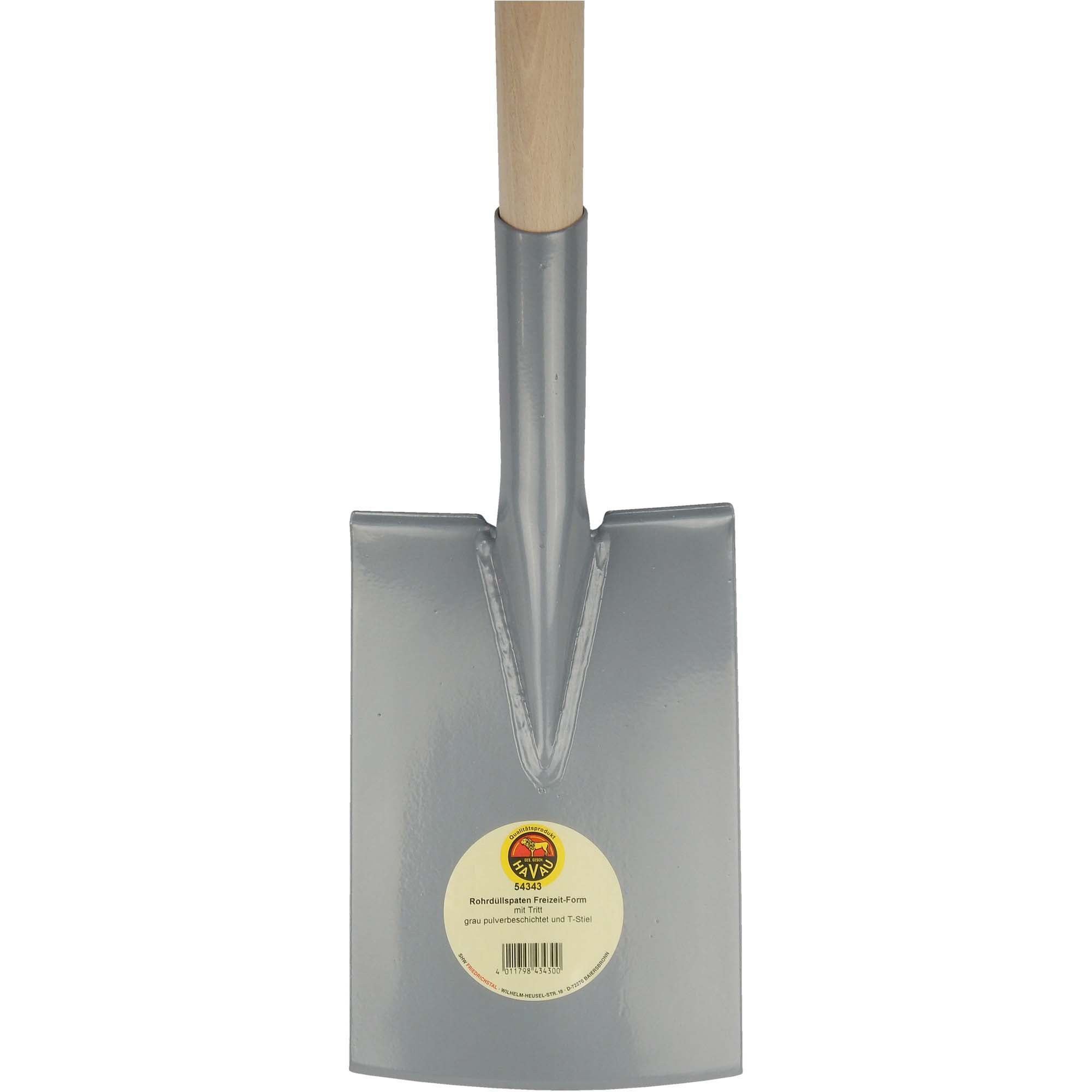 SHW Havau-Rohrdüllspaten Gärtnerform silber gepulvert mit umgebogenem Tritt und Buchenstiel 1300 g