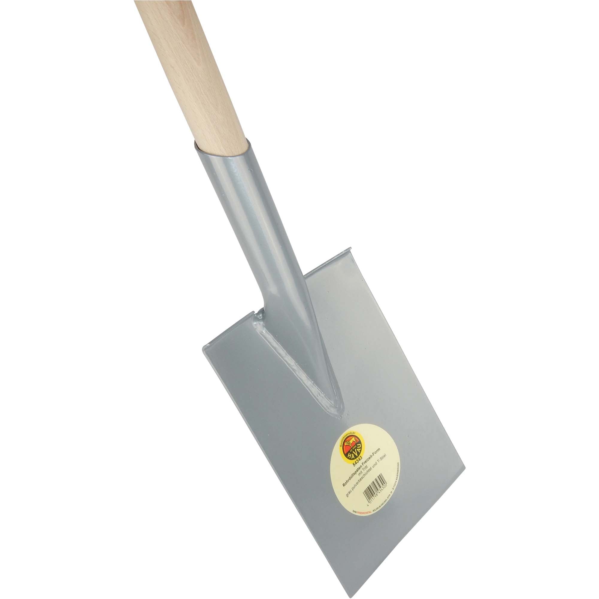 SHW Havau-Rohrdüllspaten Gärtnerform silber gepulvert mit umgebogenem Tritt und Buchenstiel 1300 g