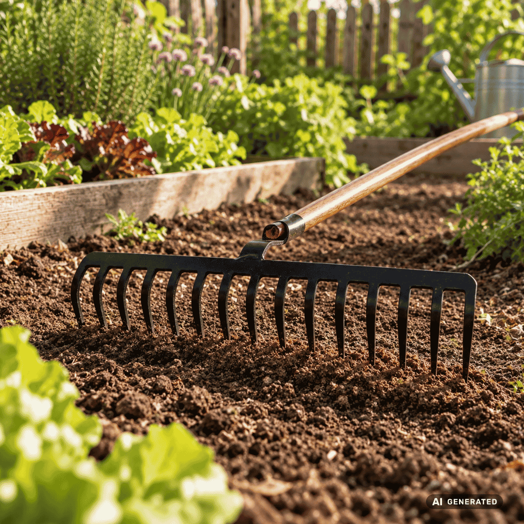 SHW Beetrechen mit 14 Zinken und Eschenstiel im Gartenbeet – Moodbild zum Einebnen und Lockern der Erde sowie zum gleichmäßigen Verteilen von Kompost zwischen Gemüsepflanzen. Hero