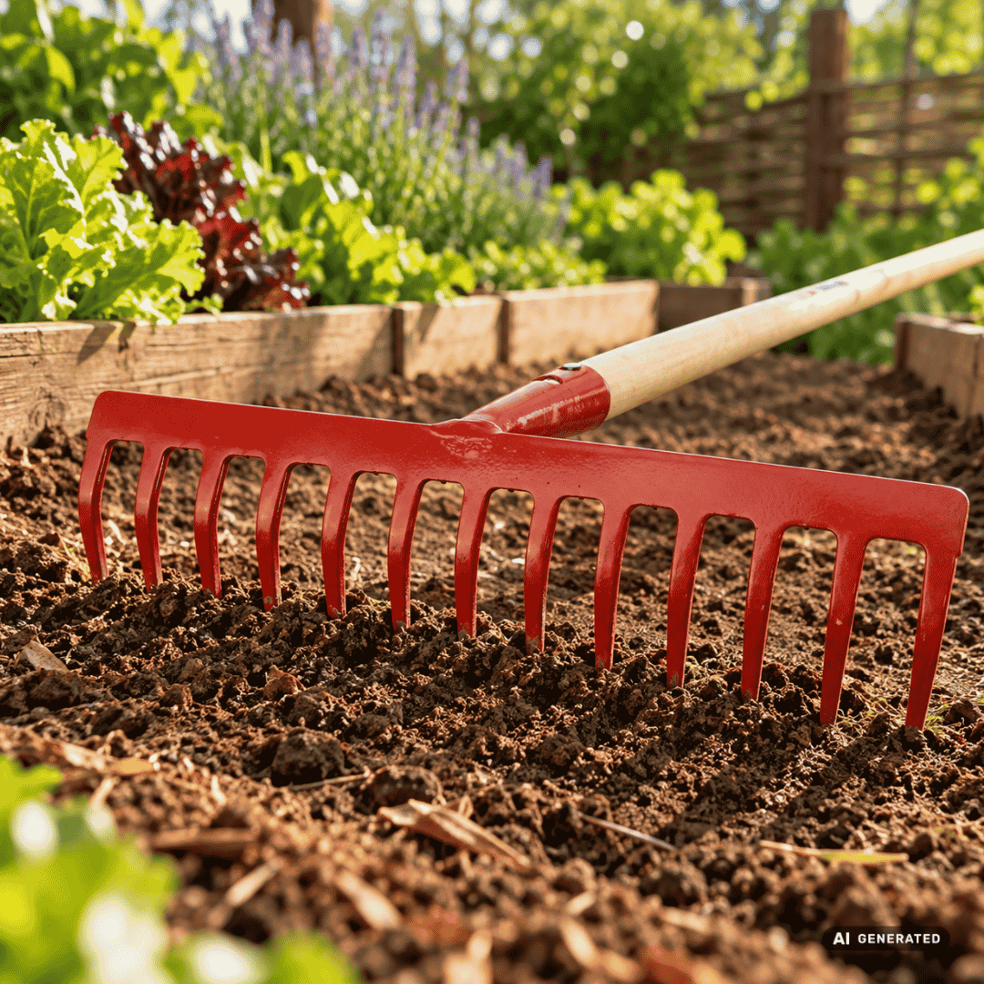 SHW Gartenrechen, rot mit Espenholzstiel im Gartenbeet – Moodbild zum Einebnen und Glätten der Erde, Zusammenrechen von Laub und Schnittgut sowie Verteilen von Kompost. Hero
