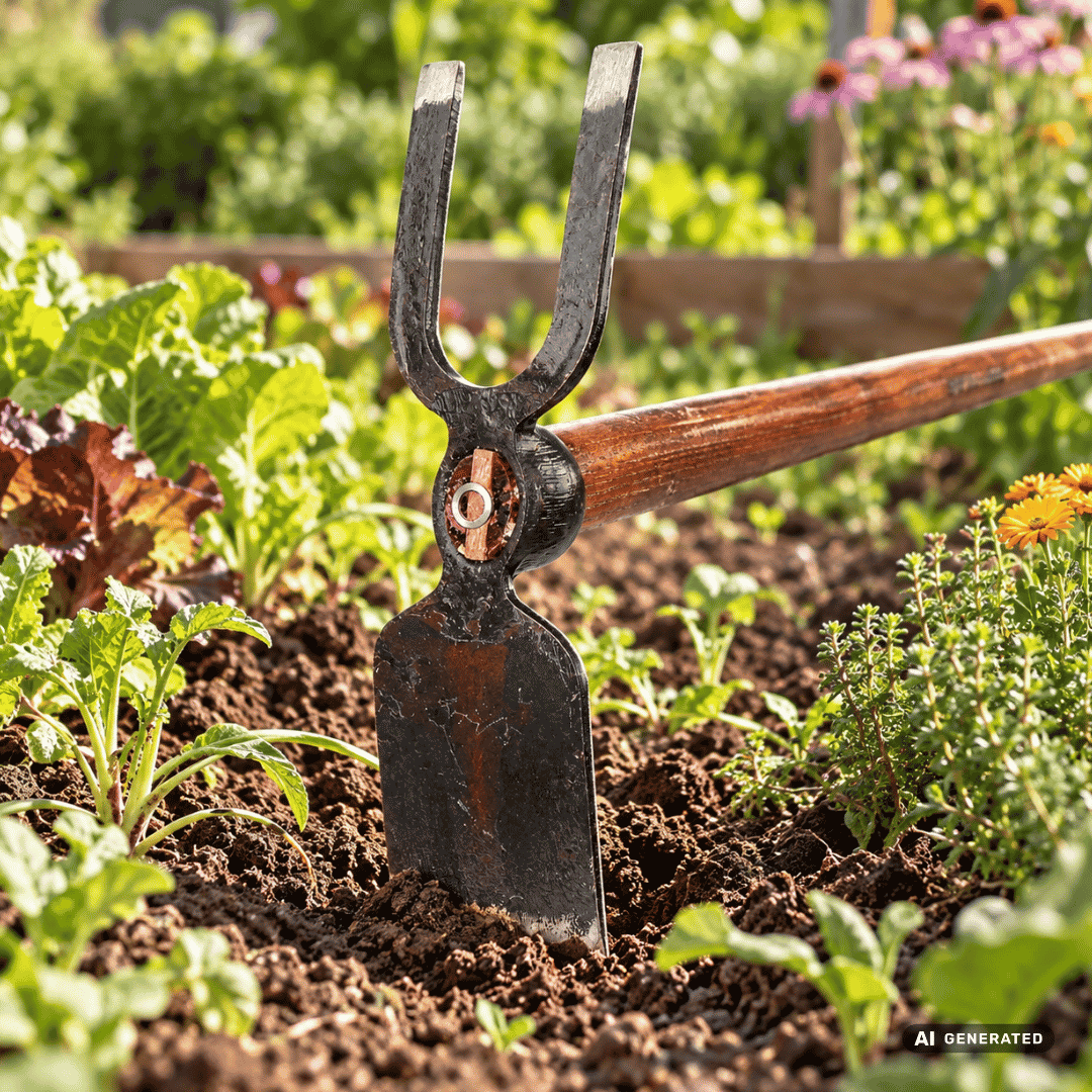 SHW Gartenhaue mit Eschenstiel 135 cm im Gartenbeet – Moodbild zum Jäten und Lockern von Beeten, Pflegen von Rabatten und Belüften lockerer Gartenböden. Hero