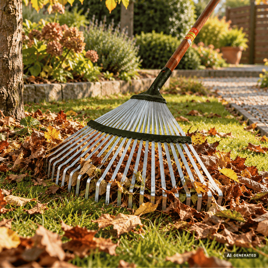 SHW Laubbesen, unverstellbar mit Eschenstiel im herbstlichen Garten – Moodbild zum Zusammenrechen von Laub auf Rasenflächen und Wegen sowie zum Entfernen von Gartenabfällen unter Bäumen und Sträuchern. Hero