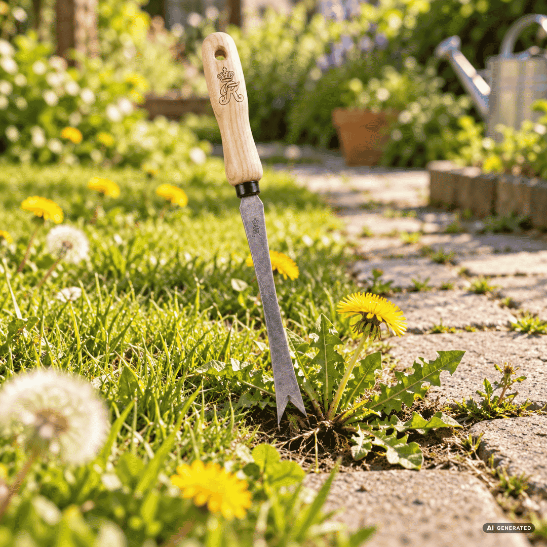 SHW Löwenzahnschneider mit Eschenholzgriff im Garten – Moodbild zum gezielten Entfernen von Löwenzahn samt Wurzel aus dem Rasen und zwischen Wegplatten. Hero