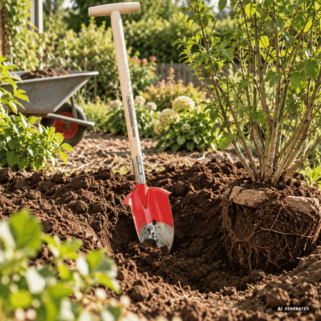 SHW Premium Hohlspaten mit Eschen-T-Stiel im Garten – Moodbild zum Ausheben von Pflanzlöchern für Gehölze, Freistechen von Wurzelballen und Umsetzen von Pflanzen. Hero
