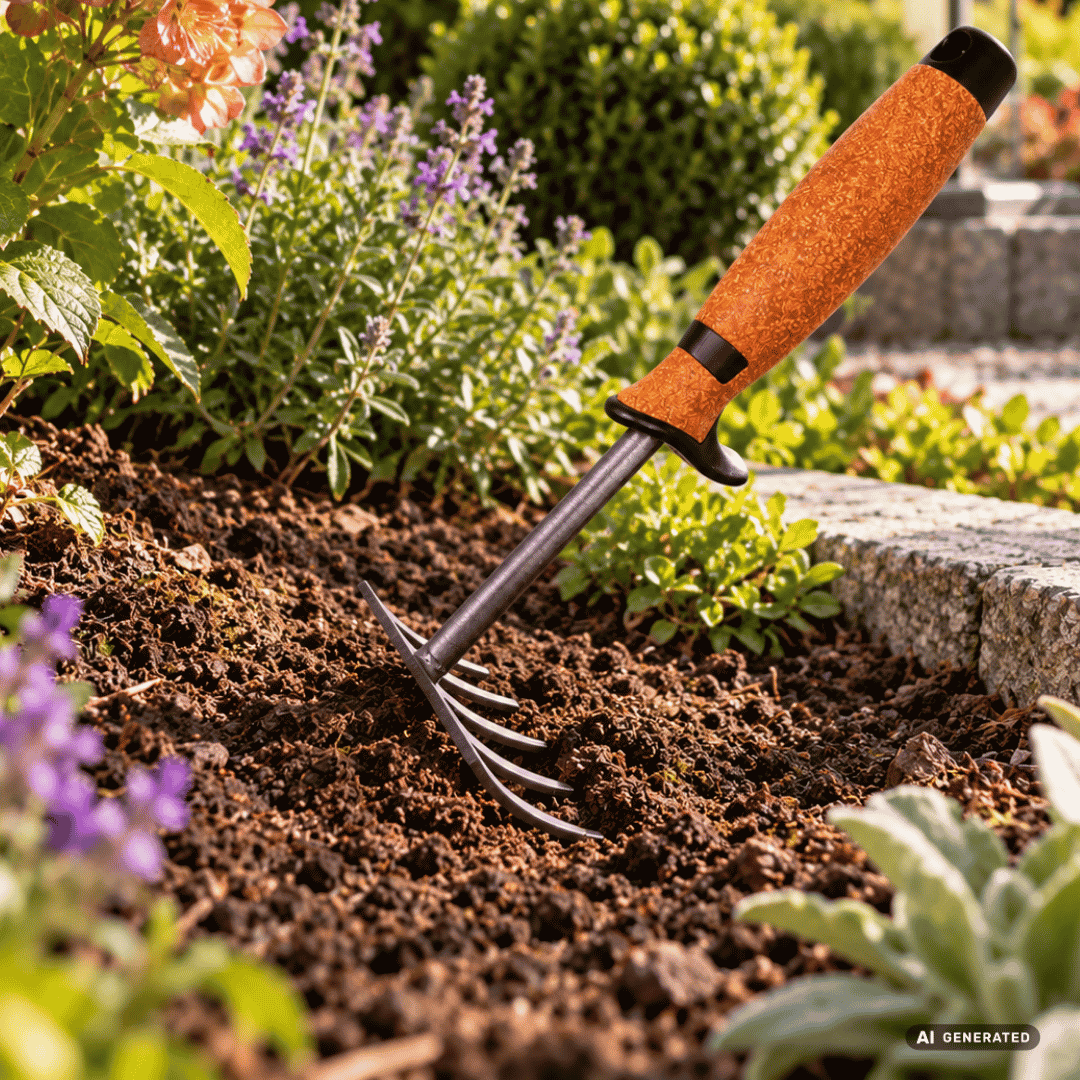 SHW Kleinrechen mit 5 Zinken und Korkgriff im Blumenbeet – Moodbild zum Feinlockern der Erde, Pflegen von Grabstellen und Bearbeiten enger Flächen zwischen Pflanzen.