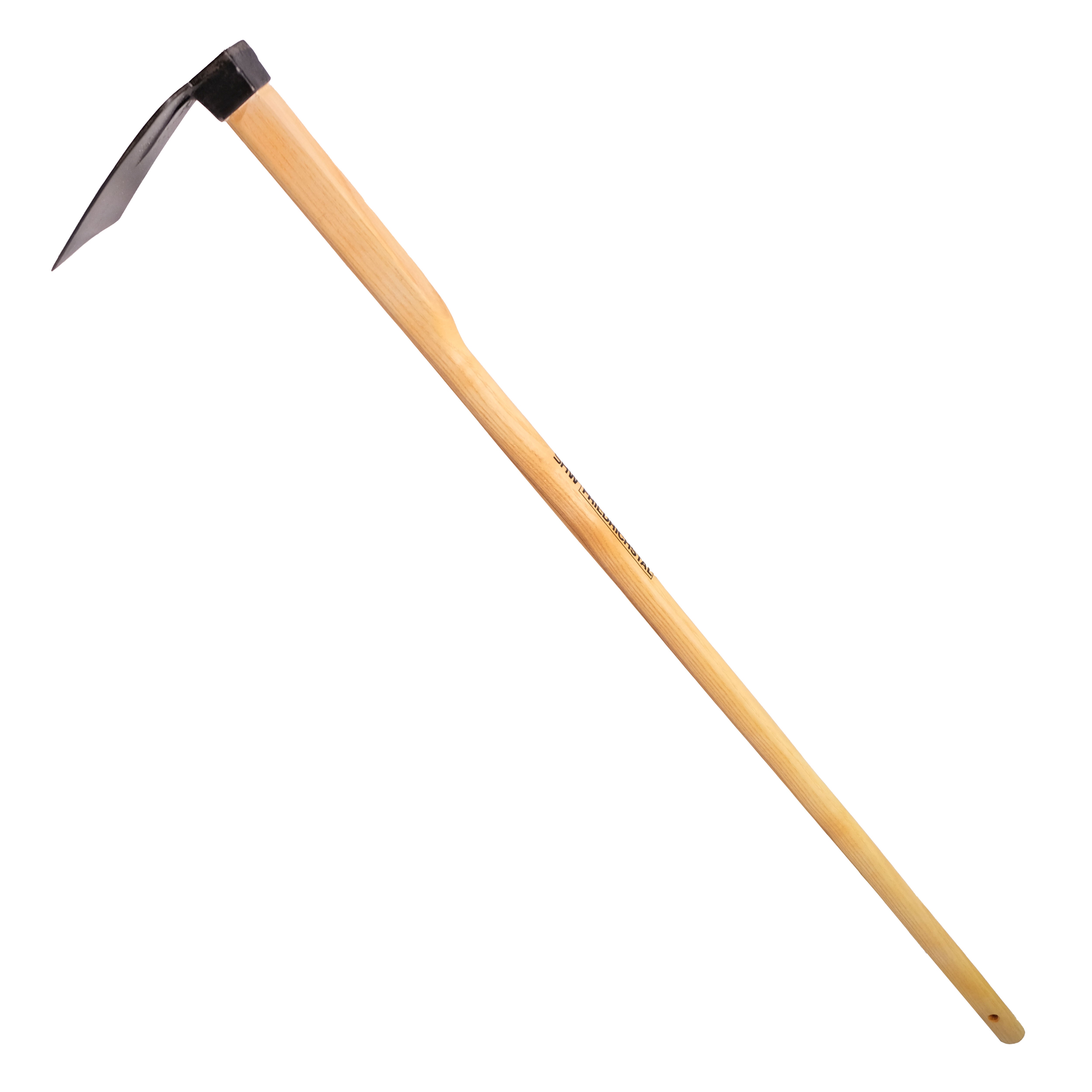 Seitliche Ansicht einer Gartenhacke mit Holzgriff und geschmiedetem Metallblatt zur Bodenbearbeitung im Gartenbau.