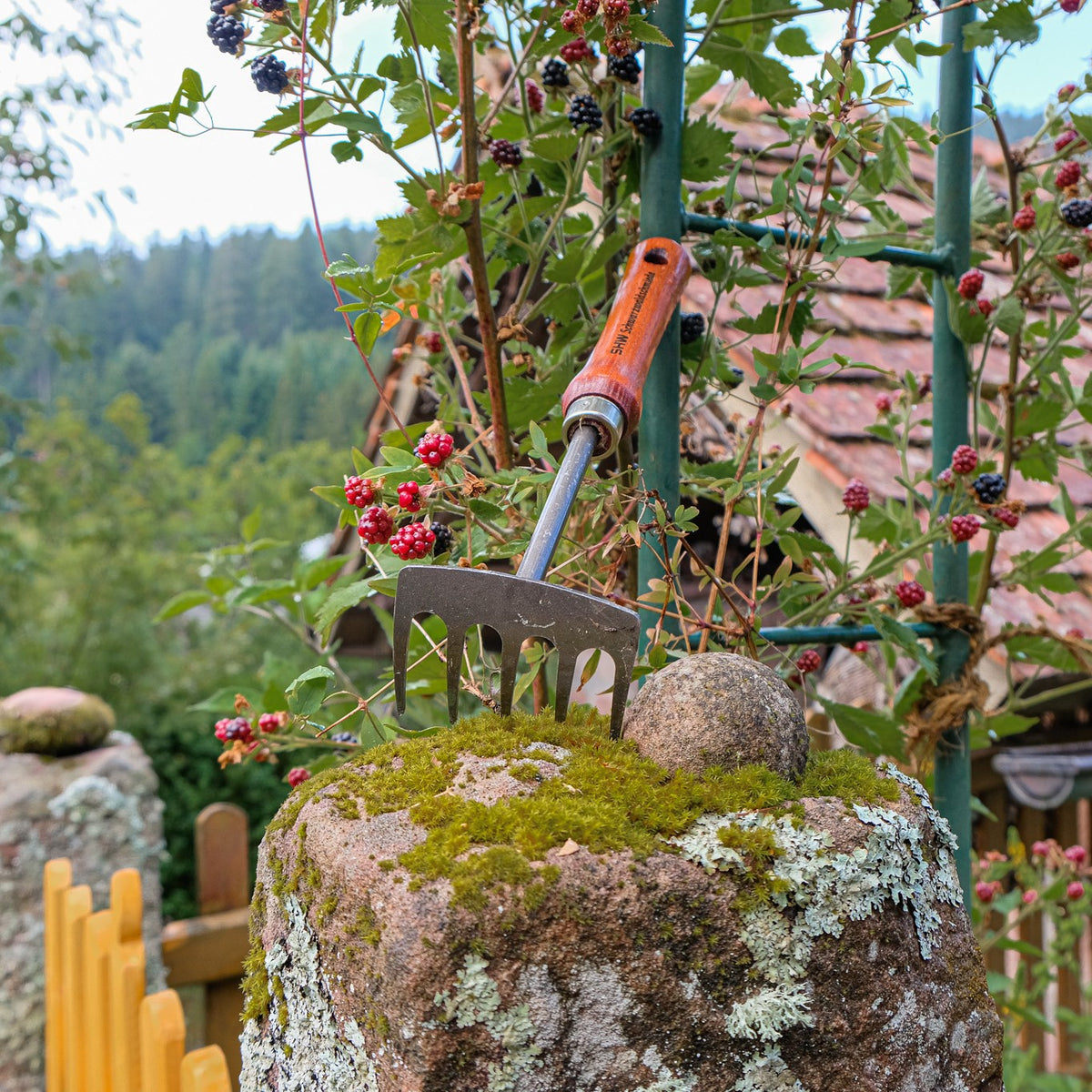 SHW Kleinrechen mit 5 Zinken, stabilem Metallkopf und Holzgriff auf einem moosbewachsenen Naturstein im Garten. Ideal zum Lockern, Glätten und Bearbeiten der Erde in Blumenbeeten.