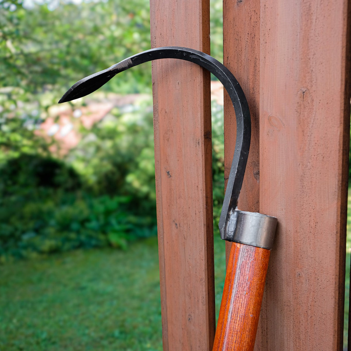Nahaufnahme des SHW Sauzahns mit gebogener Stahlzinke, spitzer Spitze und stabilem Holzstiel vor einem Holzzaun. Werkzeug zum tiefen Lockern verdichteter Gartenböden.