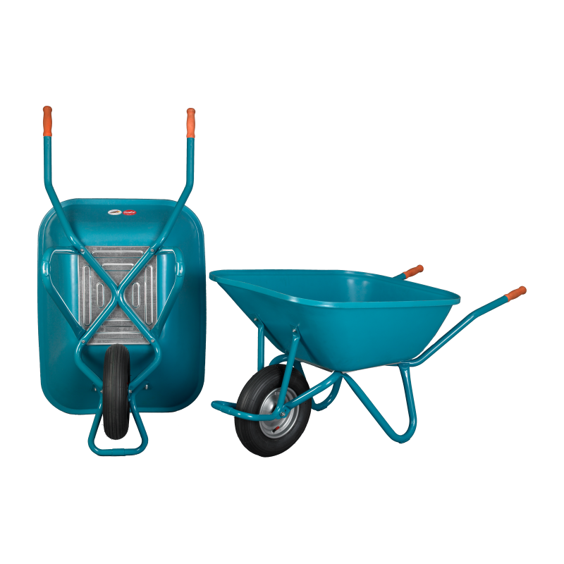 Zweirädrige Mefro Schubkarre mit 140 Liter Kunststoffmulde und einer Traglast von 250 kg, ideal für schwere Gartenarbeiten.