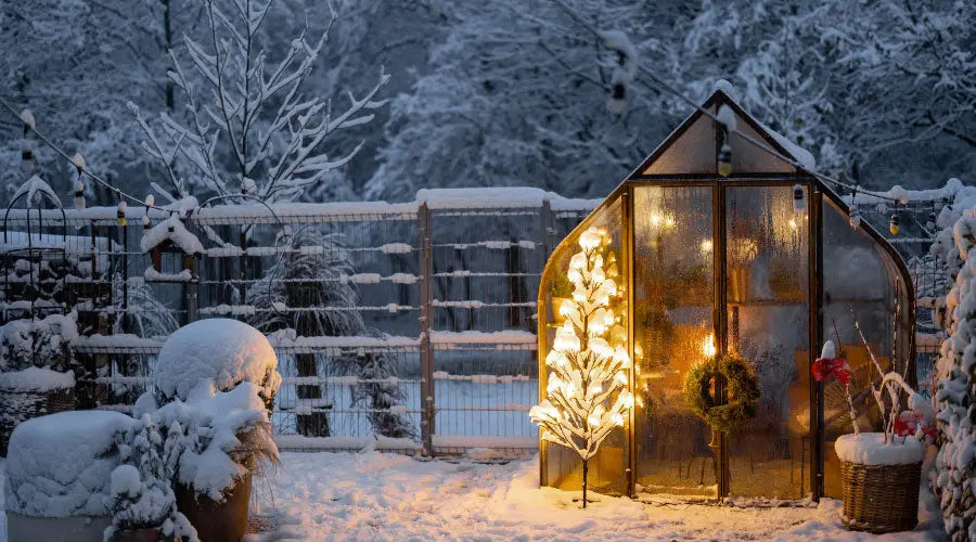Winterlicher Garten mit Schneedecke, ein Gartenschuppen auf der rechten Seite, frontal abgebildet, neben einem leuchtenden kleinen Baum in gleicher Größe. Der Schuppen ist festlich mit einem Kranz dekoriert