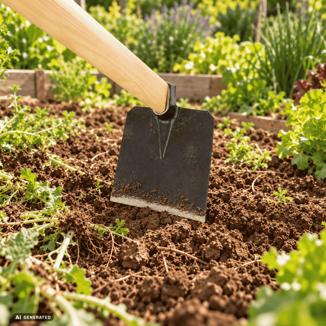 SHW Bamberger/Kitzinger Hacke mit Eschenstiel 135 cm im Gartenbeet – Moodbild zur Bodenbearbeitung und Entfernung von Unkraut samt Wurzeln Hero