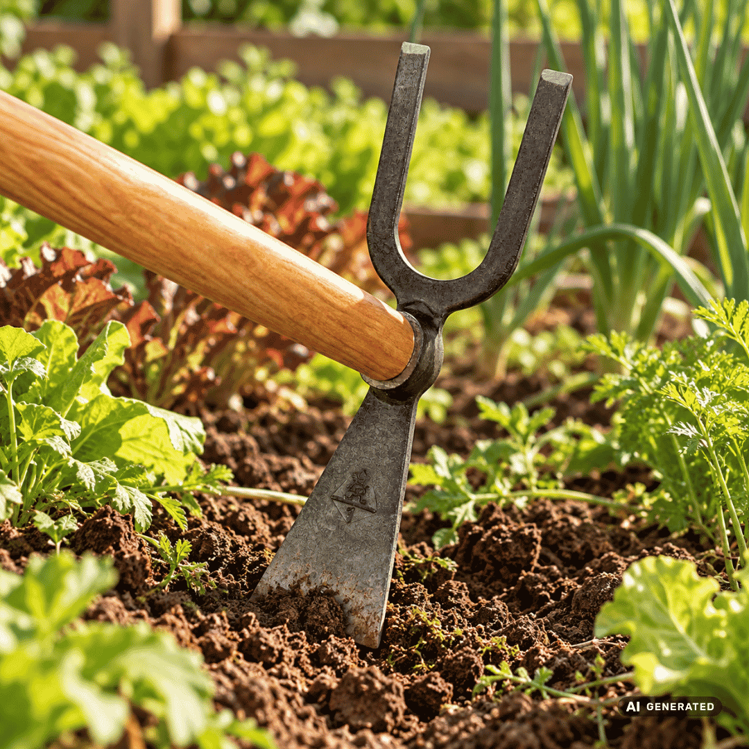 SHW Gartenhacke mit schmalem Blatt, 2 stumpfen Zinken und Eschenstiel 135 cm im Gartenbeet – Moodbild zum Lockern bestehender Beete, Jäten zwischen Kulturen und Pflegen von Rabatten. Hero