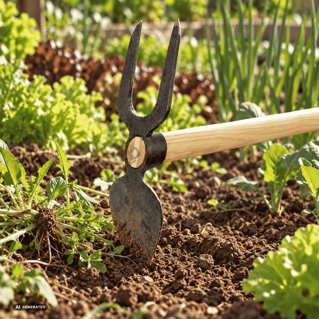SHW Gartenhacke mit Eschenstiel 135 cm im Gemüsebeet – Moodbild zum Jäten von Unkraut, Vorbereiten von Pflanzflächen und Lockern des Bodens zwischen bestehenden Kulturen. Hero