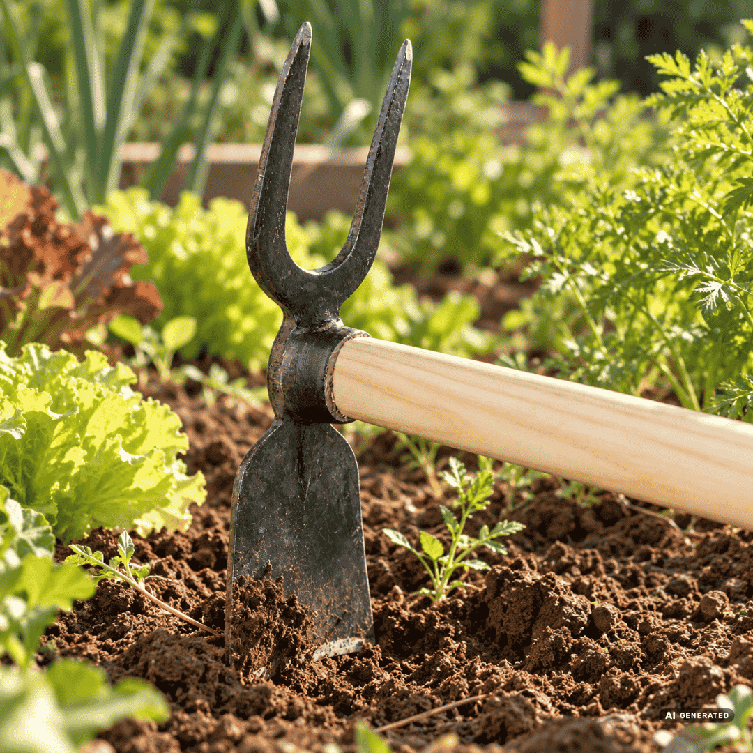 SHW Häulein Breitblatt mit 2 Zinken und Eschenstiel 135 cm im Gartenbeet – Moodbild zum Lockern des Bodens, Entfernen von Unkraut und Bearbeiten von Pflanzflächen. Hero