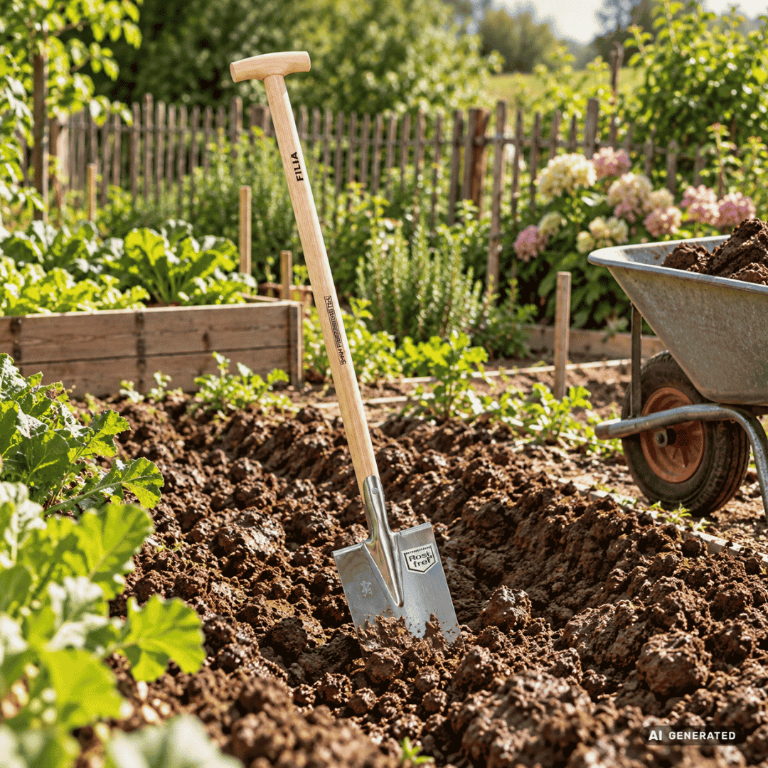 SHW Filia-Gärtnerspaten aus rostfreiem Edelstahl 1/1 poliert mit Spatentritt und Eschenstiel im Gartenbeet – Moodbild zum Umgraben feuchter und lehmiger Böden, Ausheben und Umsetzen von Erde sowie Vorbereiten und Auflockern von Beeten. Hero