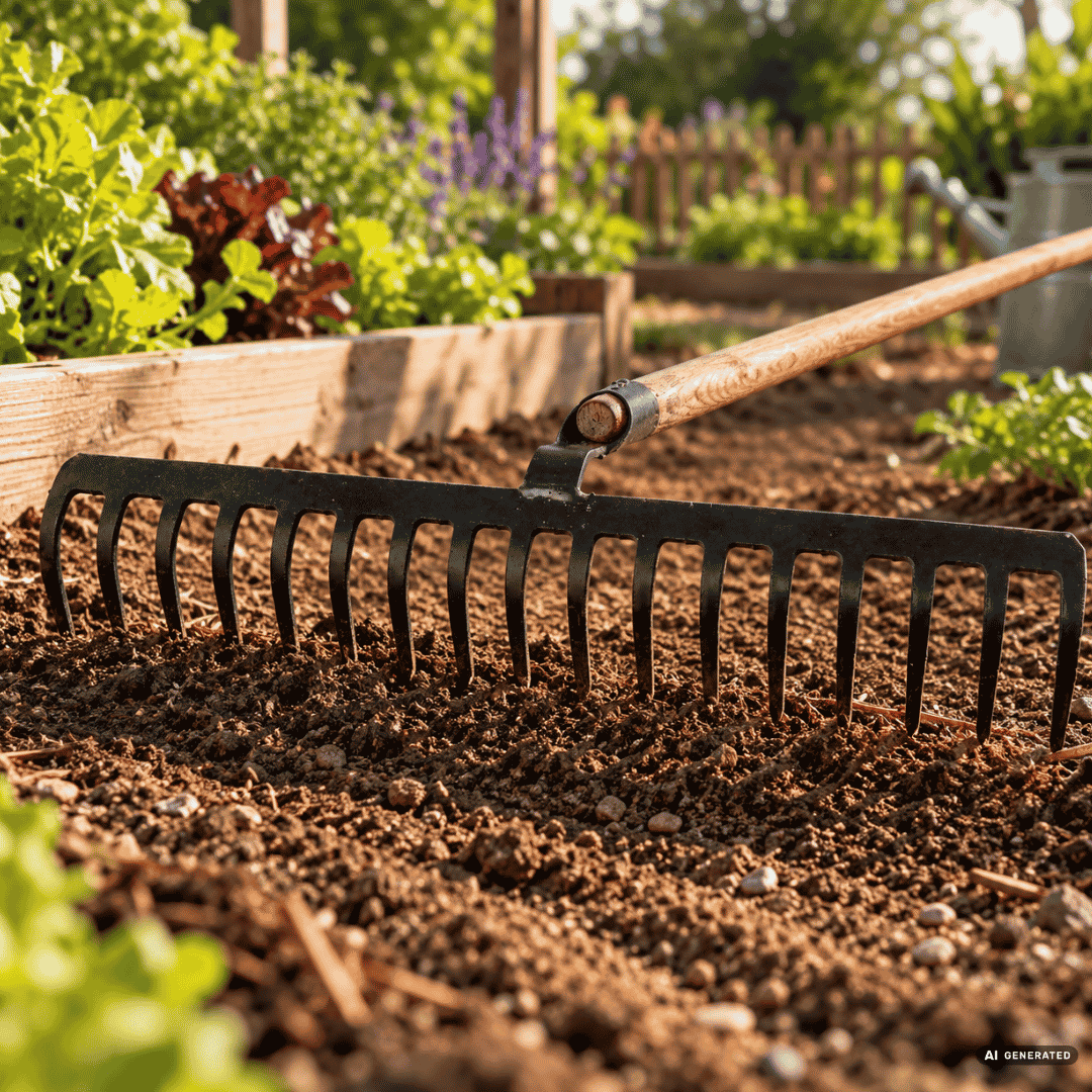 SHW Rex Beetrechen mit 16 Zinken und Eschenstiel im Gartenbeet – Moodbild zum Auflockern und Einebnen der Erde sowie zum Verteilen von Kompost zwischen Gemüsepflanzen. Hero
