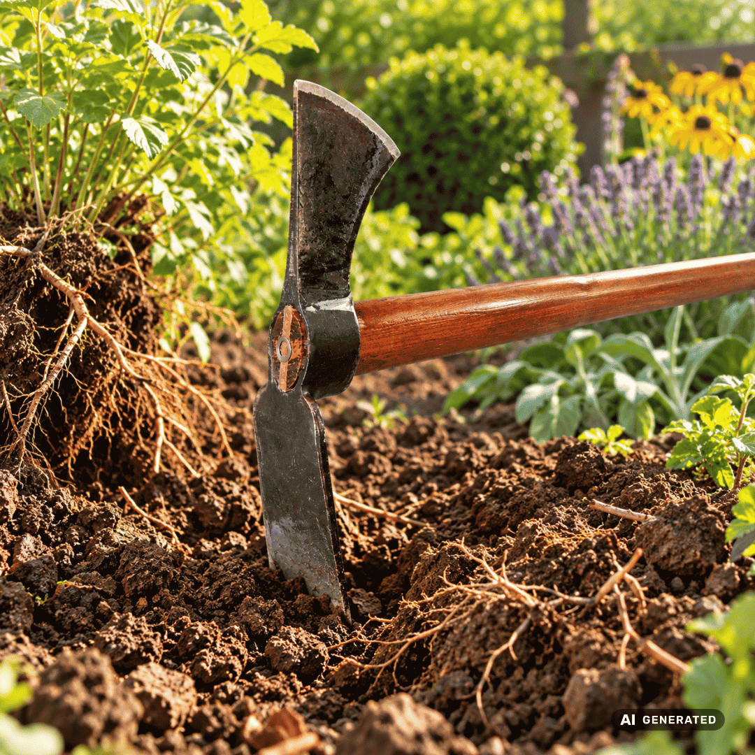SHW Wiedehopfhacke klein mit Eschenstiel 135 cm im Gartenbeet – Moodbild zum Umgraben verwurzelter Beete, Umpflanzen von Stauden und Sträuchern sowie Durchtrennen von Wurzeln. Hero