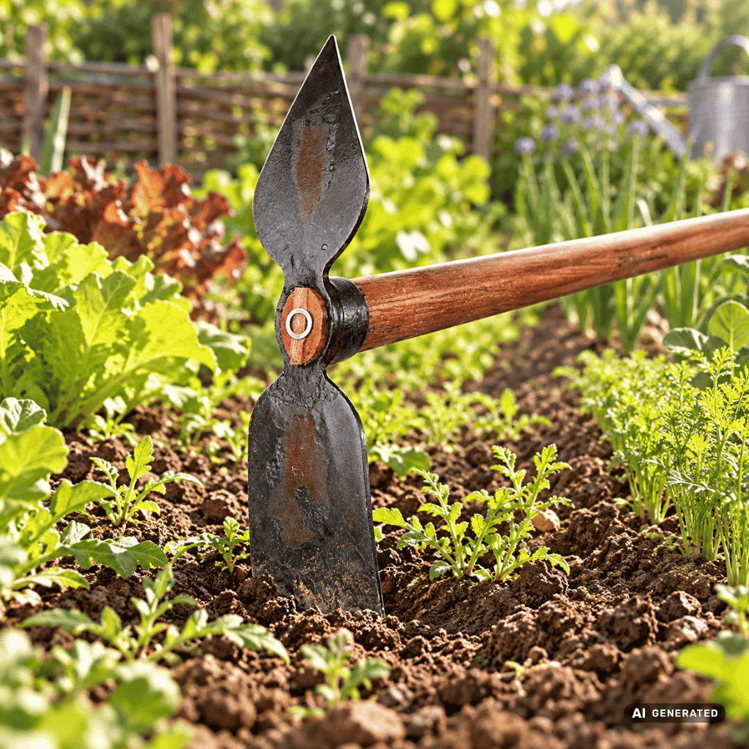 SHW Duohacke mit Eschenstiel 135 cm im Gartenbeet – Moodbild zum Entfernen von Unkraut, präzisen Hacken zwischen Kulturen und Lockern festerer Gartenböden. Hero