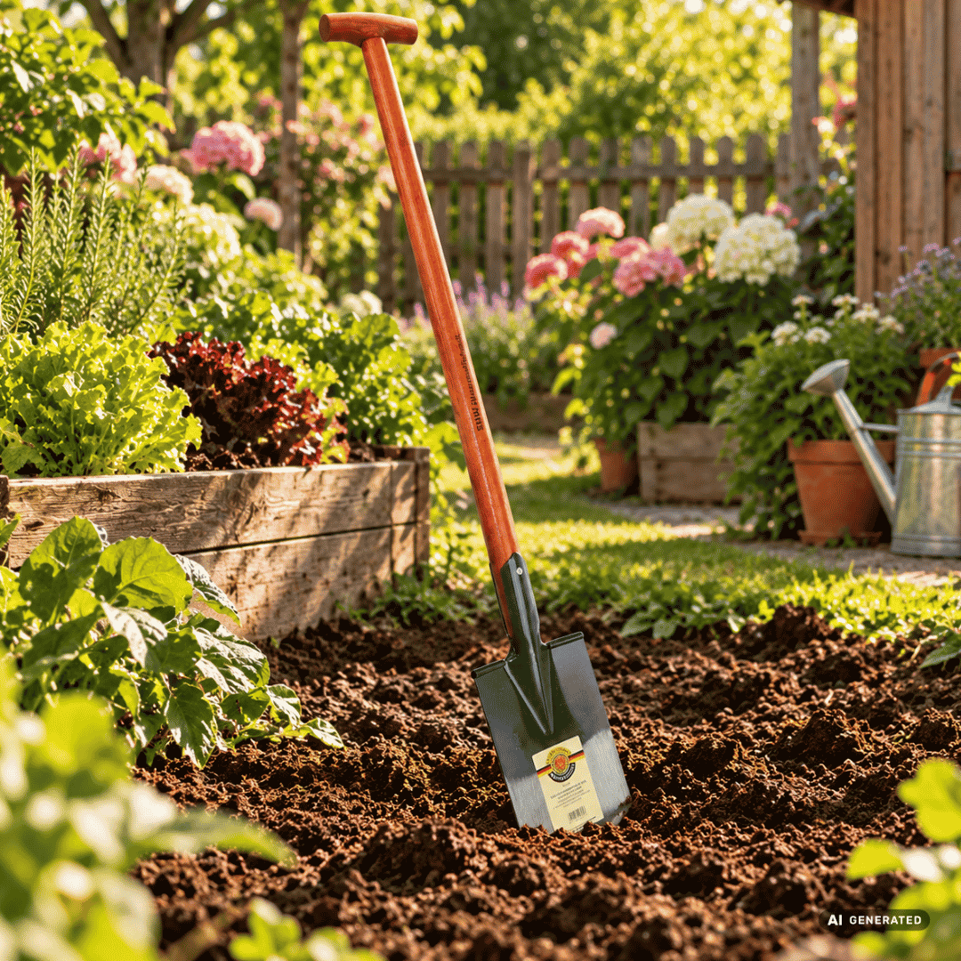 SHW Freizeitspaten mit Tritt und Eschen-T-Stiel im Gartenbeet – Moodbild zum Umgraben von Beeten, Ausheben und Umsetzen von Erde sowie Bearbeiten lockerer bis mittelfester Böden. Hero