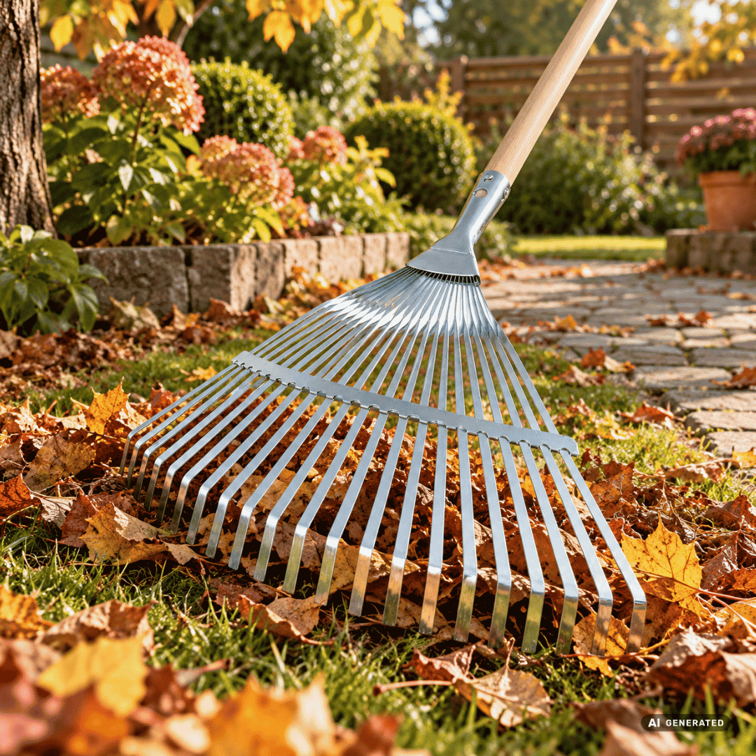 SHW Laubbesen „PROFI“ unverstellbar mit Dülle und Eschenstiel im herbstlichen Garten – Moodbild zum Zusammenrechen von Laub auf Rasenflächen und Wegen sowie zum Entfernen von Gartenabfällen. Hero