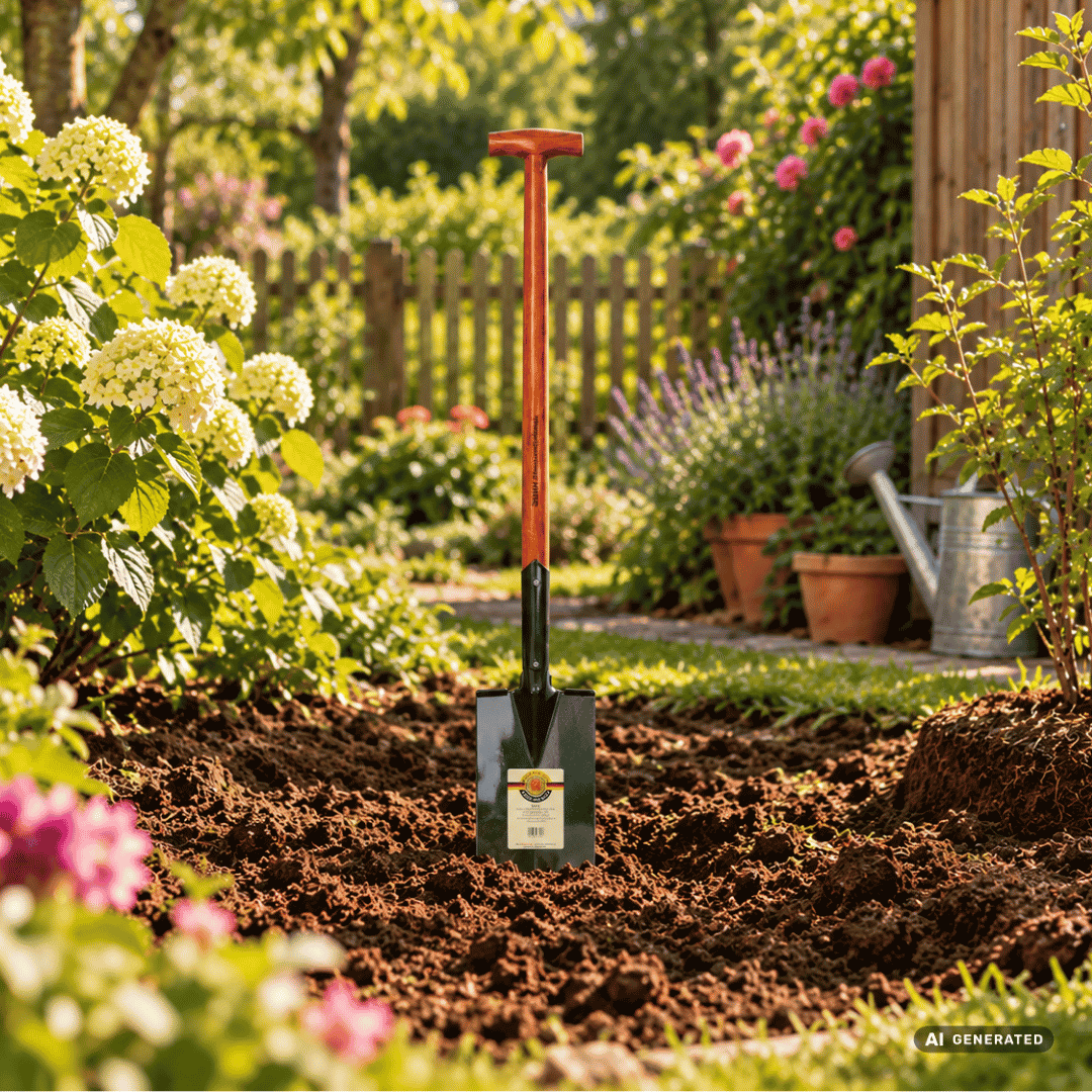 SHW Gärtnerspaten mit Tritt und Eschen-T-Stiel im Gartenbeet – Moodbild zum Umgraben von Beeten, Ausheben von Pflanzlöchern für Sträucher und Aufbrechen verdichteter Erde. Hero
