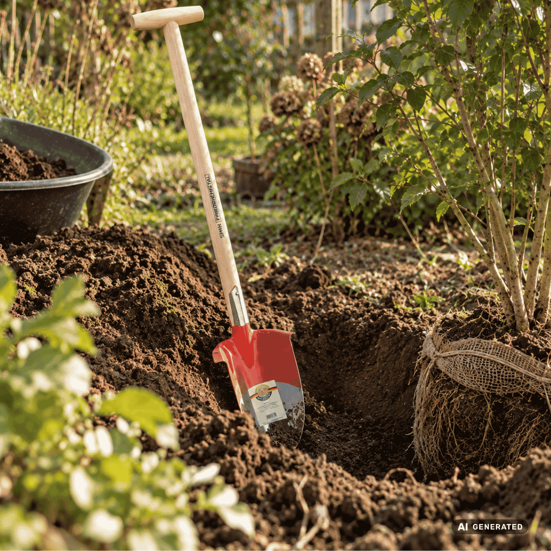 SHW Schwarzwälder Hohlspaten mit Eschen-T-Stiel im Garten – Moodbild zum Ausheben von Pflanzlöchern für Gehölze, Umsetzen von Pflanzen und Freilegen von Wurzelbereichen. Hero