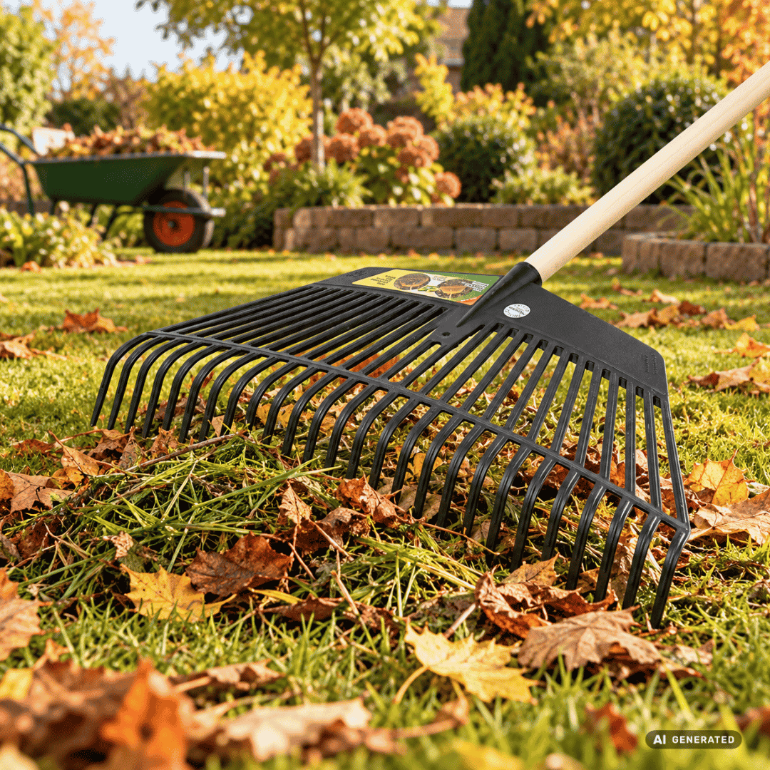 SHW Kunststoff-Funktionsrechen 60 cm mit 26 Zinken und Stiel auf einer herbstlichen Rasenfläche – Moodbild zum Zusammenrechen von Laub, Grasschnitt und Gartenabfällen. Hero