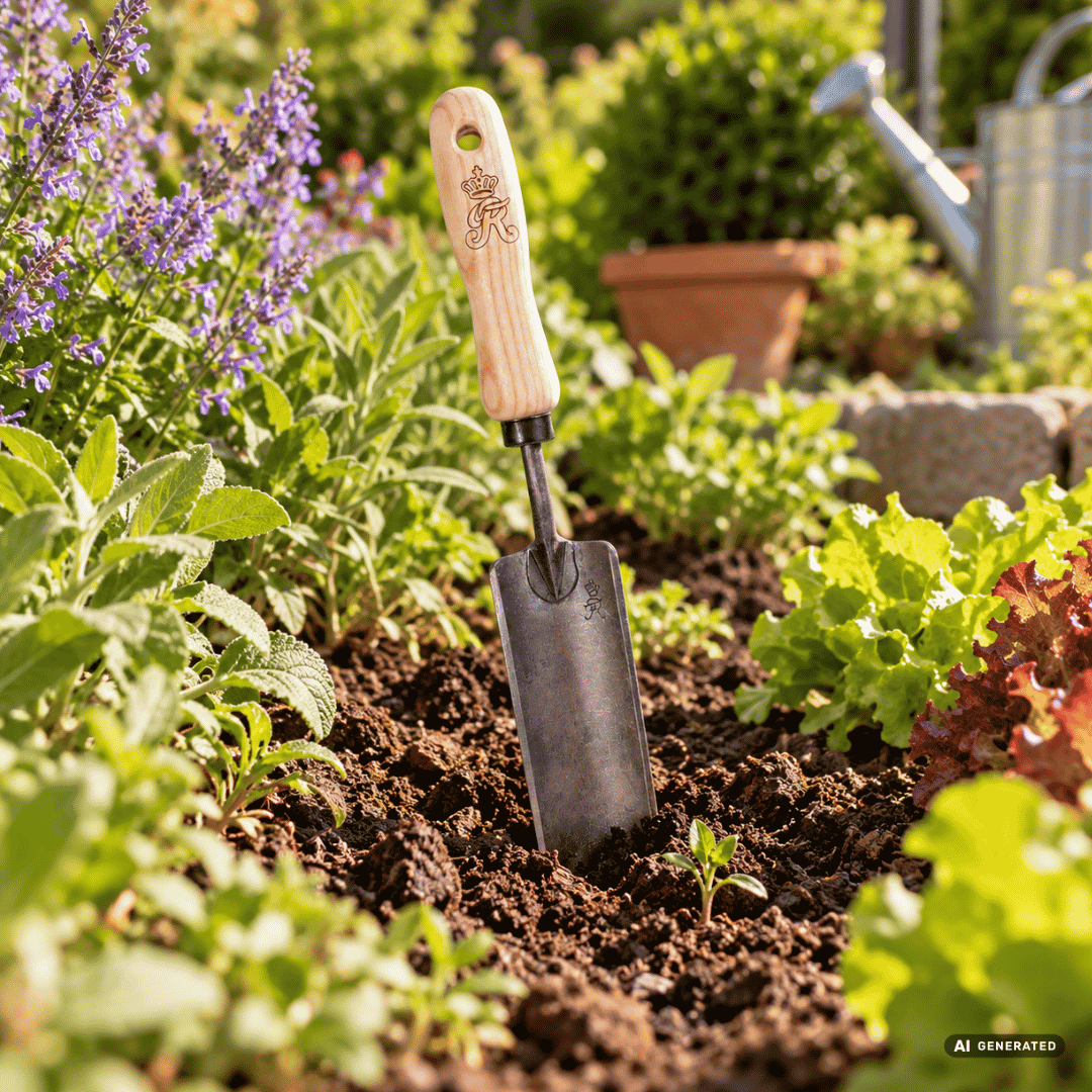 SHW Unkrautstecher mit Eschenholzgriff im Gartenbeet – Moodbild zum präzisen Entfernen von Unkraut, Jäten zwischen Pflanzen und Setzen tiefwurzelnder Sämlinge. Hero