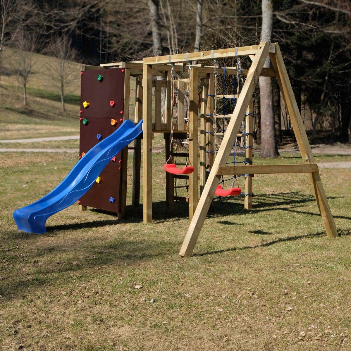 Klettergerüst XXL mit Rutsche und Anbauschaukel - kompletter Bausatz - SHW - FIRE