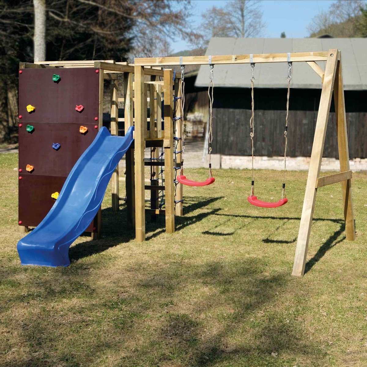 Klettergerüst XXL mit Rutsche und Anbauschaukel - kompletter Bausatz - SHW - FIRE