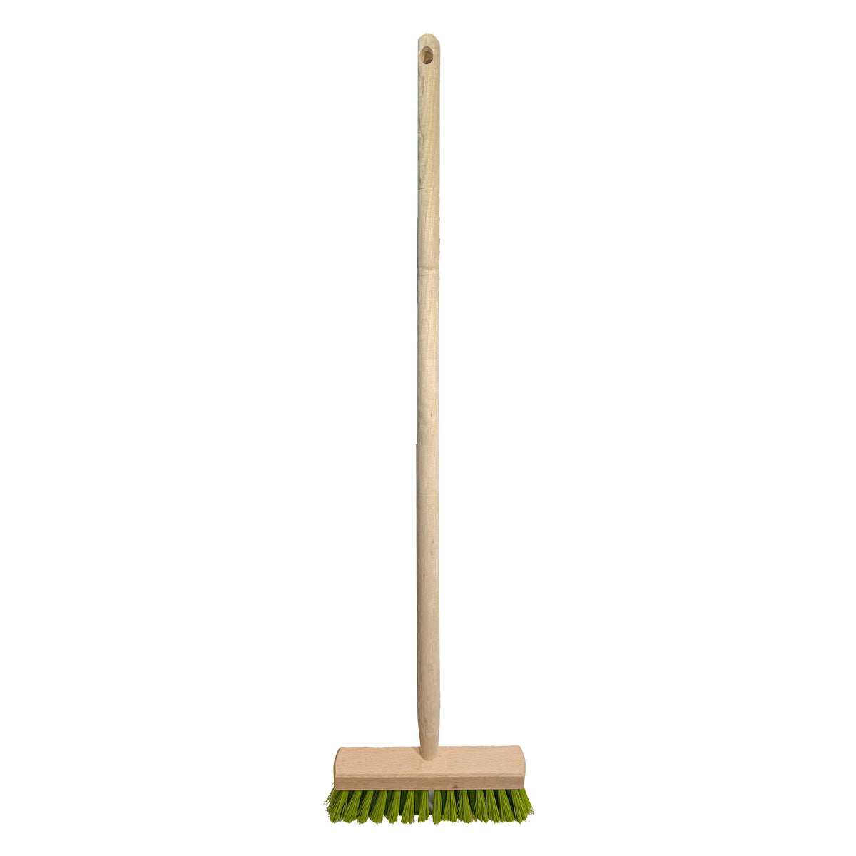 Kinderbesen mit langem Holzstiel, stabilem Holzkörper und grünen Borsten. Ideal für kleine Gartenhelfer zum Kehren und Mithelfen rund um Haus und Garten.