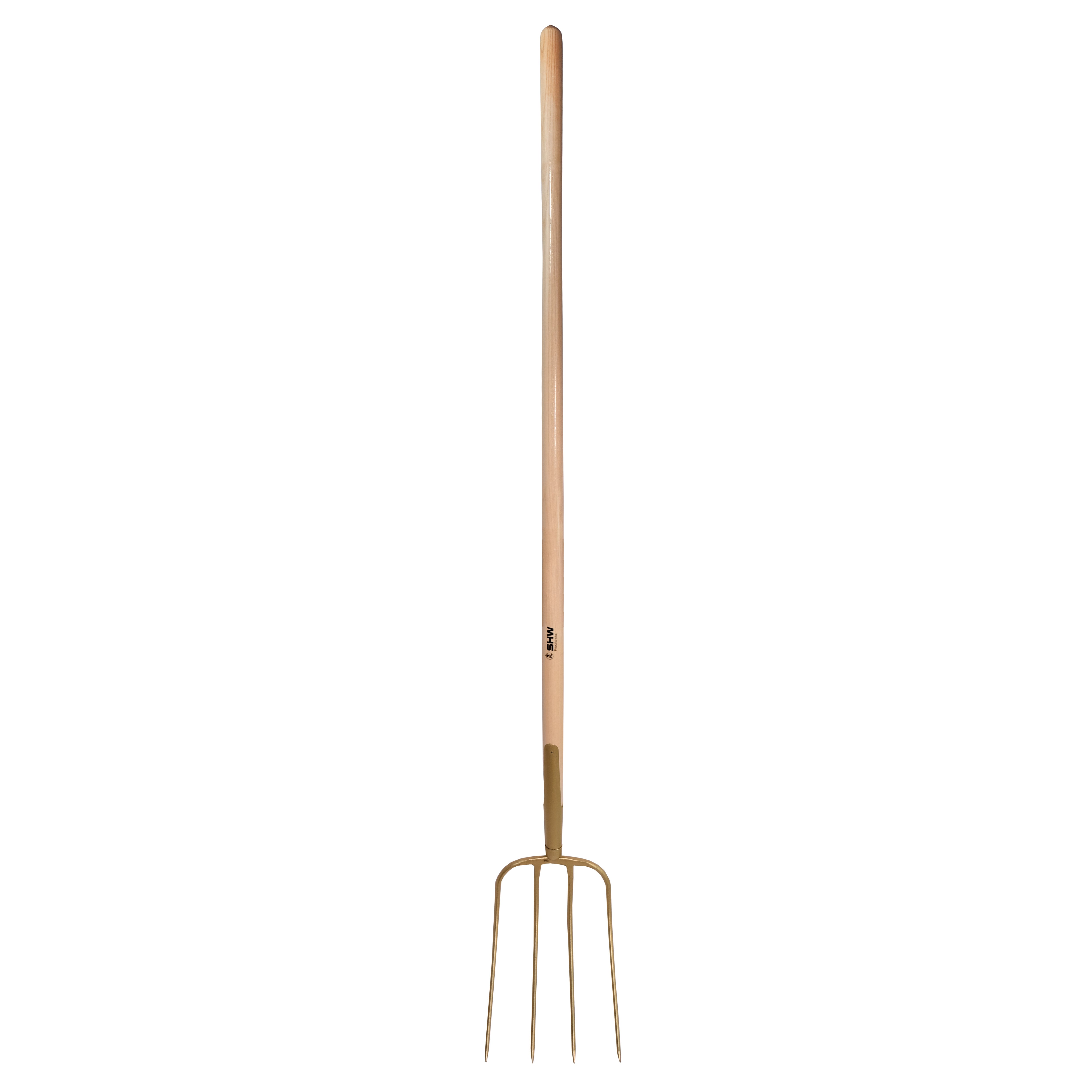 Komplettansicht einer Bär-Dunggabel mit langem Holzstiel und goldfarben lackierten, geschmiedeten Zinken.