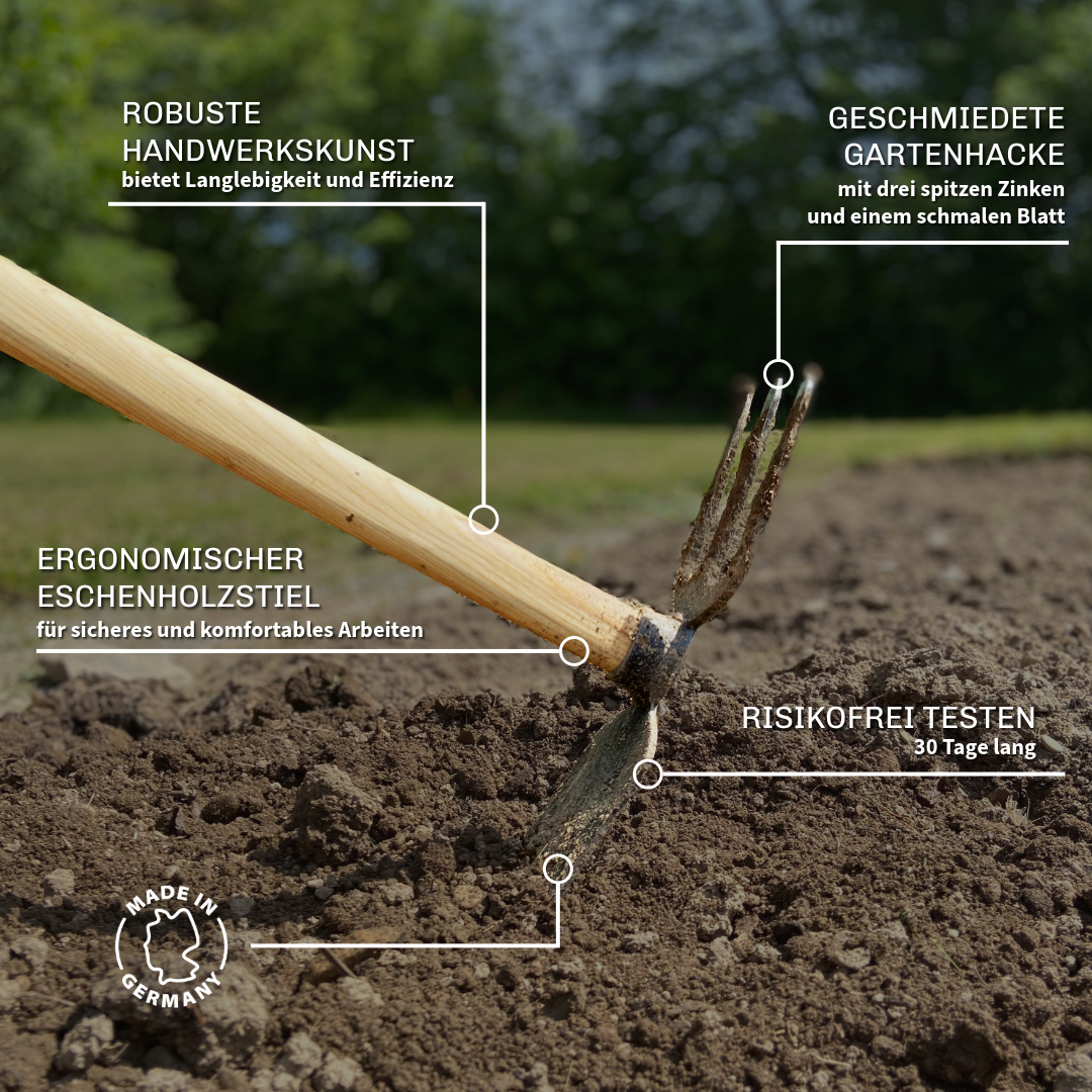 Hochwertige Gartenhacke mit Eschenholzstiel und geschmiedetem Kopf für effizientes Arbeiten im Garten