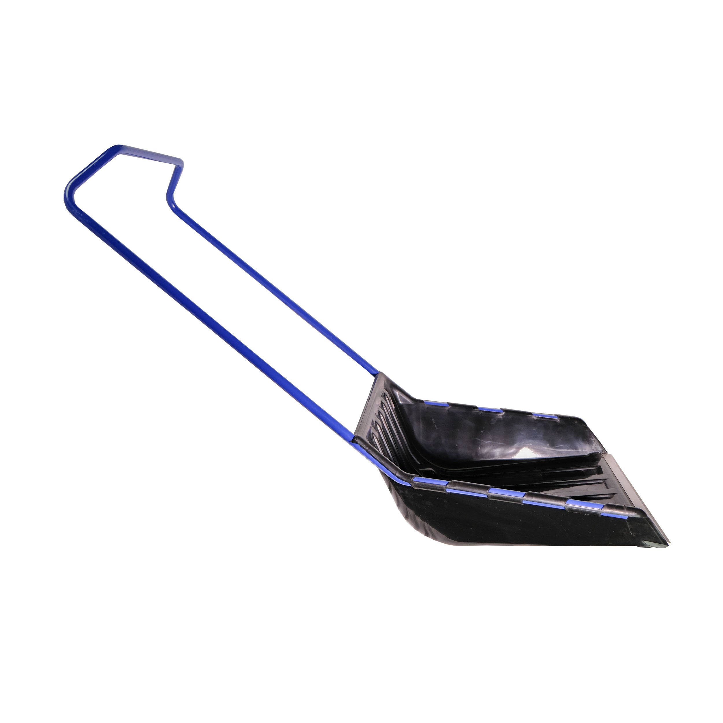 Seitenansicht eines ergonomischen Schneewannenschiebers mit blauer Griffstange