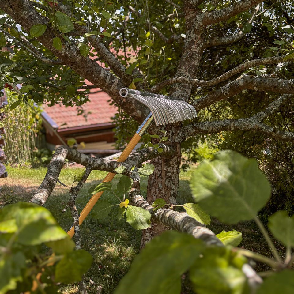 SHW Aluminium Heurechen mit eng angeordneten, gebogenen Metallzinken und montiertem gelbem Stiel, angelehnt an einen Ast in einem grünen Obstbaum.