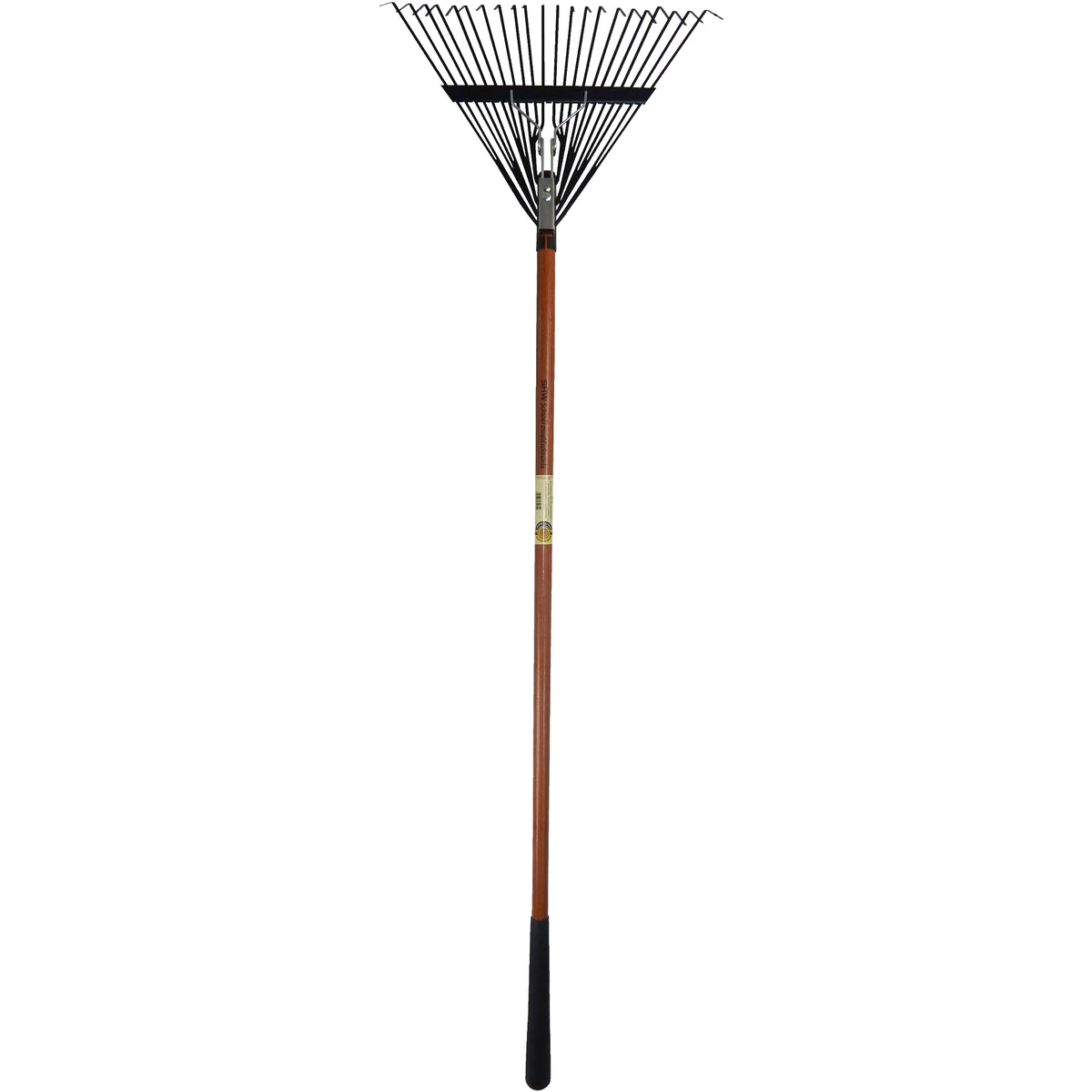 SHW Laubbesen mit verstellbarem Fächer aus schwarzen Metallzinken, langem braunem Holzstiel und schwarzem Griff zum Entfernen von Laub auf Rasenflächen und Gartenwegen.