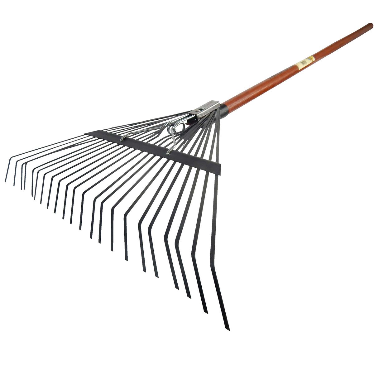 Verstellbarer SHW Laubbesen mit schwarzen Metallzinken und langem braunem Holzstiel in schräger Seitenansicht, ideal zum Zusammenrechen von Herbstlaub im Garten.